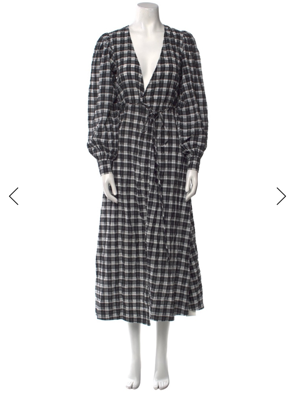 Ganni Black and White Plaid V-Neck Midi Dress with Tie Waist